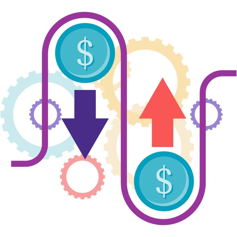 illustration of cash flow in and out with gear background vector