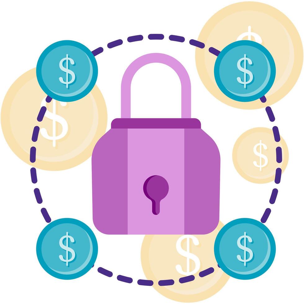padlock surrounded by coins, business and finance vector