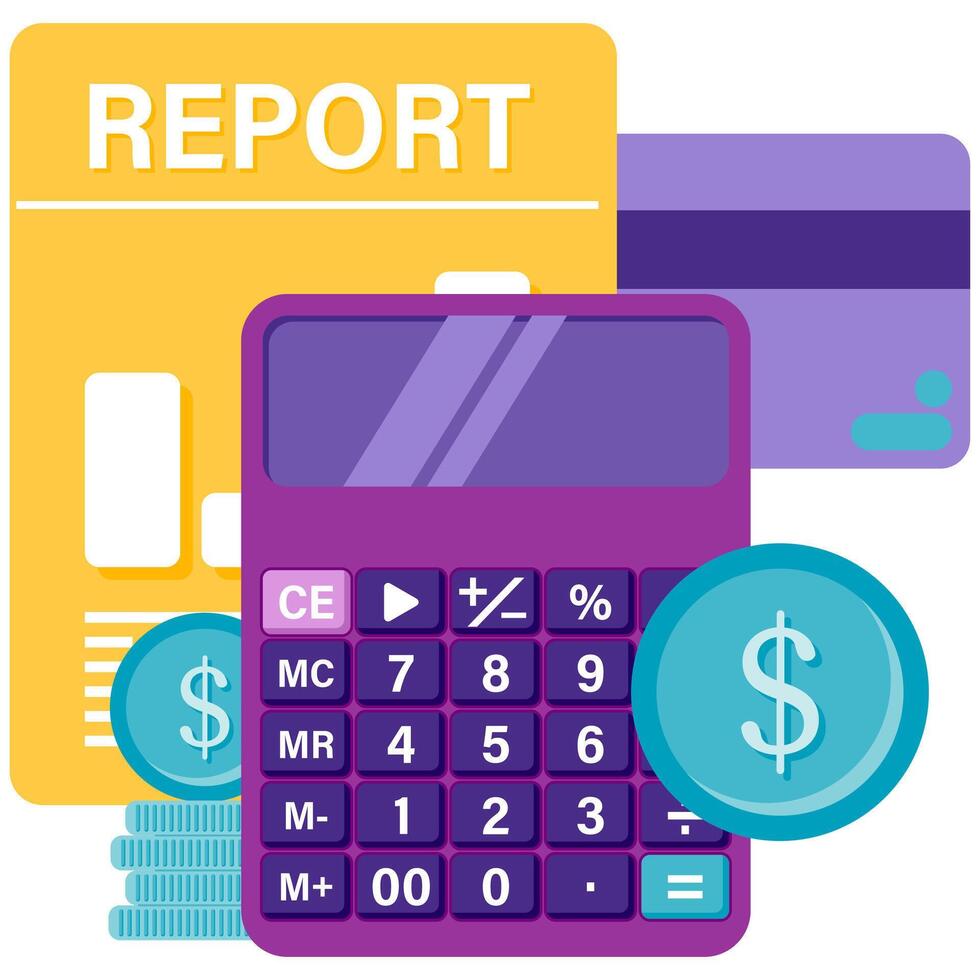 calculator with financial report documents and stack of coins vector