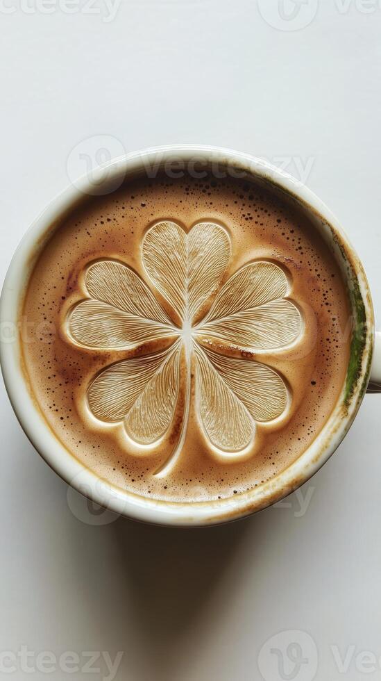 Top view of a cup of Irish coffee with leaf clover on a white background, St. Patricks Day photo