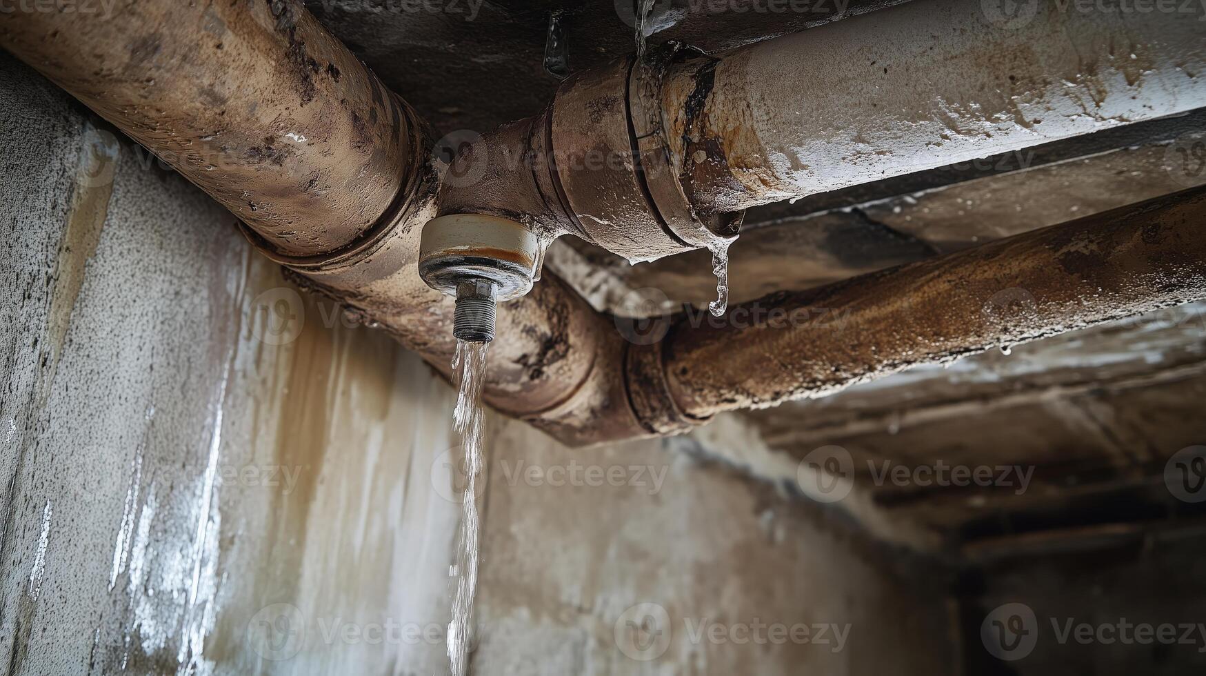 Water leaking from a rusted broken pipe in a basement, urgent repairs photo