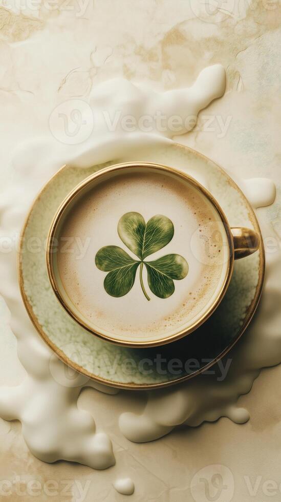 Cup of coffee with a clover leaf design on creamy foam, good luck, St. Patrick's Day photo