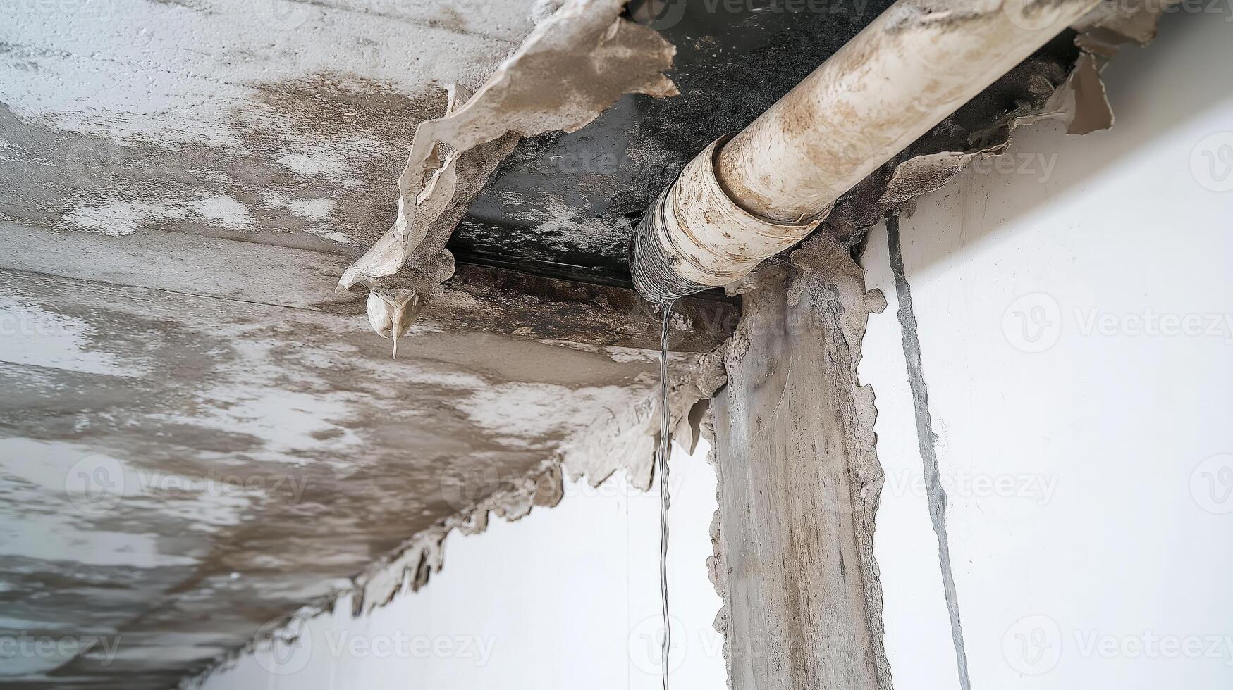 Water leaking from a broken pipe in a basement, dripping onto the floor, urgent repairs photo