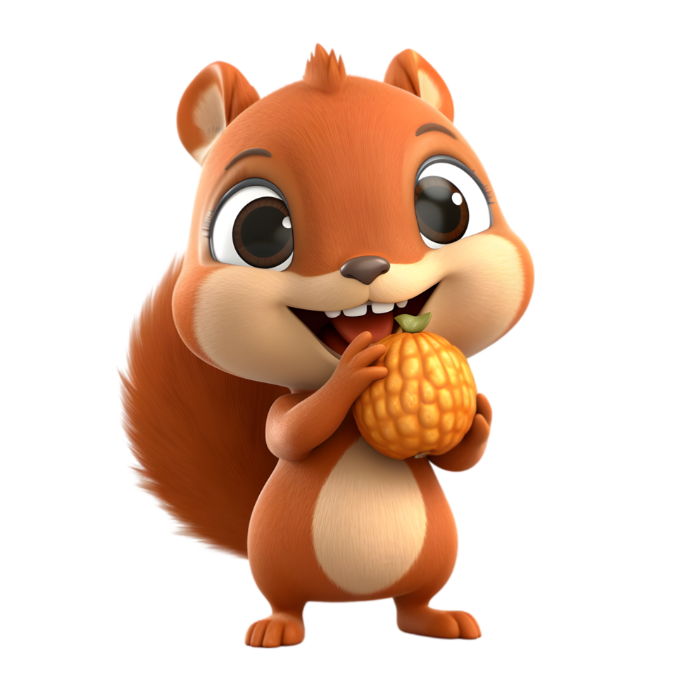 Joyful chibi squirrel holding acorn in playful forest setting cute animation whimsical environment cheerful concept png