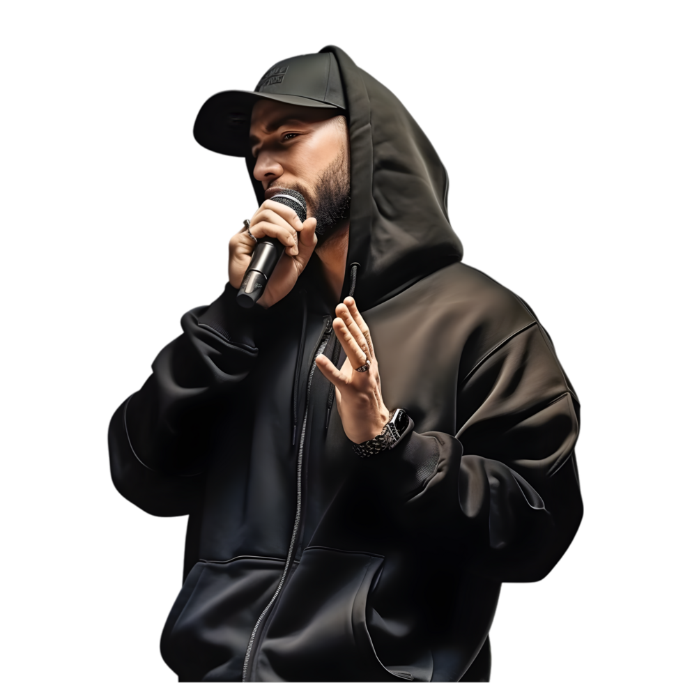 Live performance of male rapper holding microphone urban stage photography nighttime environment close-up view music vibes png