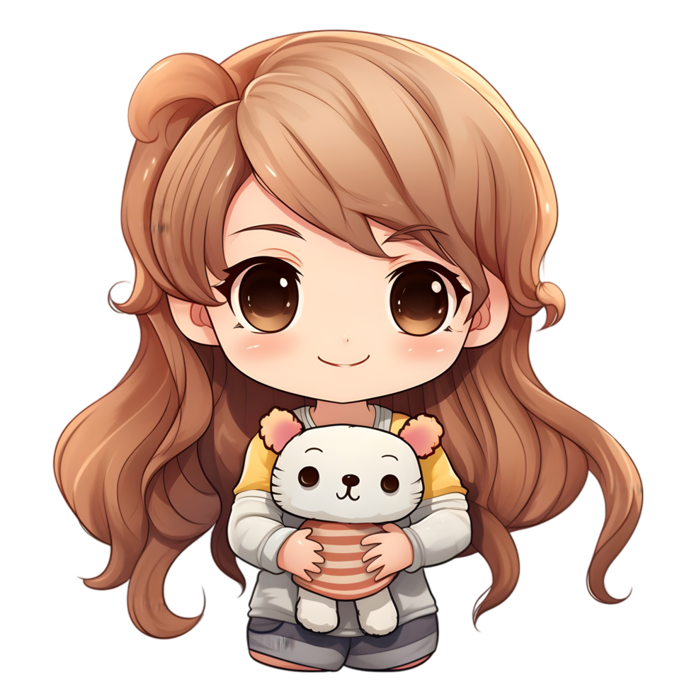 Charming chibi girl with teddy bear cozy room digital illustration whimsical close-up view innocence and joy png