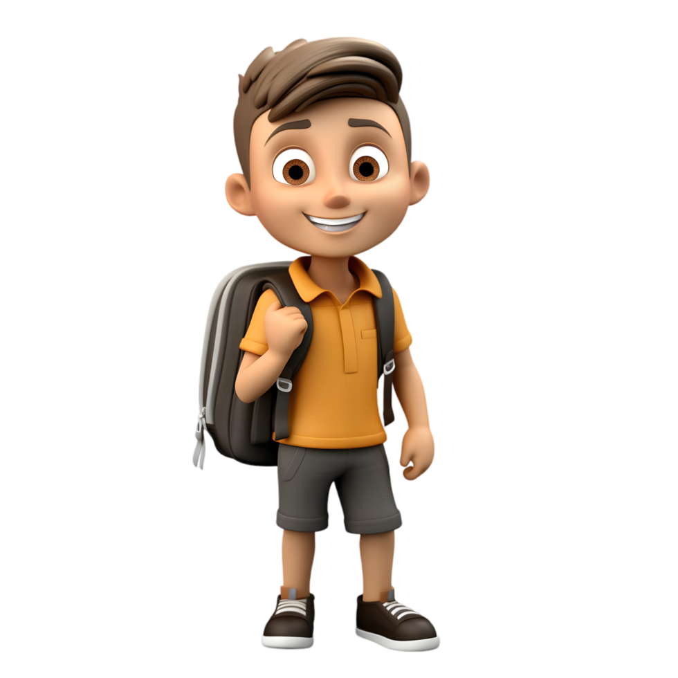 Young cartoon student with backpack smiling schoolyard 3d animation bright day playful concept png