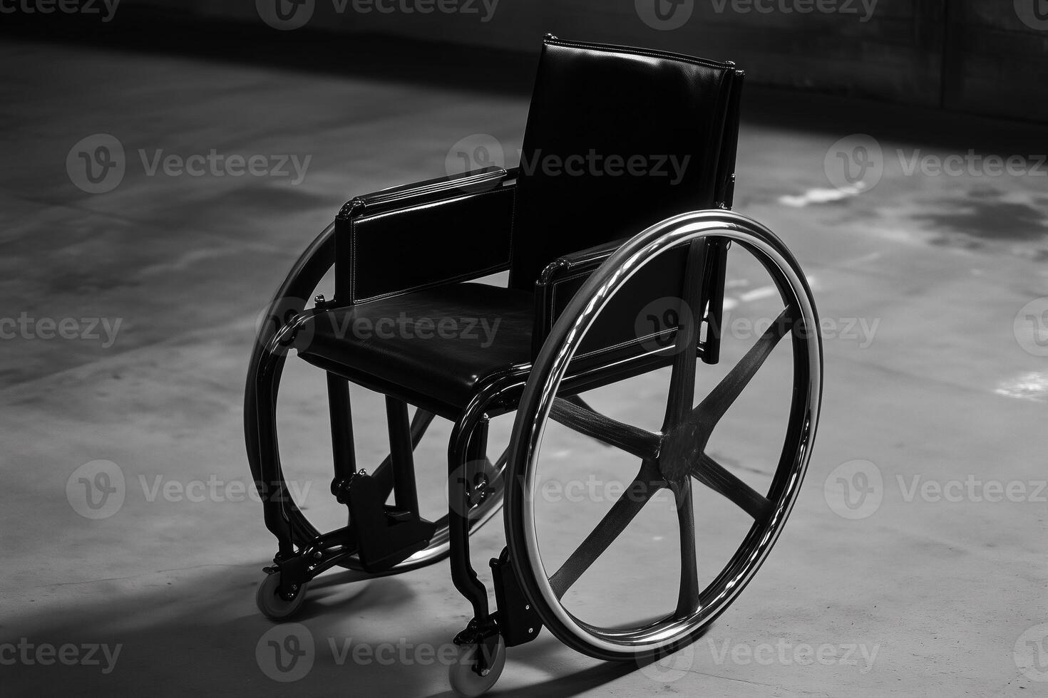 An empty wheelchair sits on a concrete floor in a dimly lit space photo