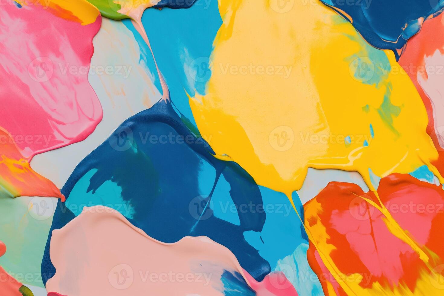 Colorful abstract background made of large paint splatters in blue, yellow and pink photo