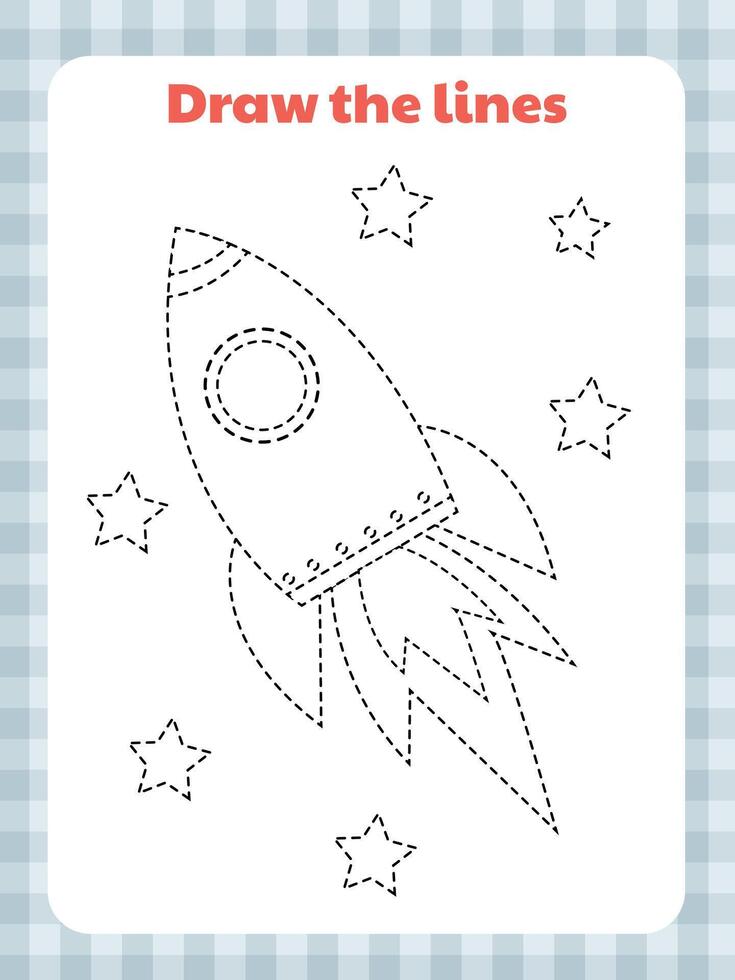 Task for primary school children with line tracing on a space theme with a simple rocket among the stars vector