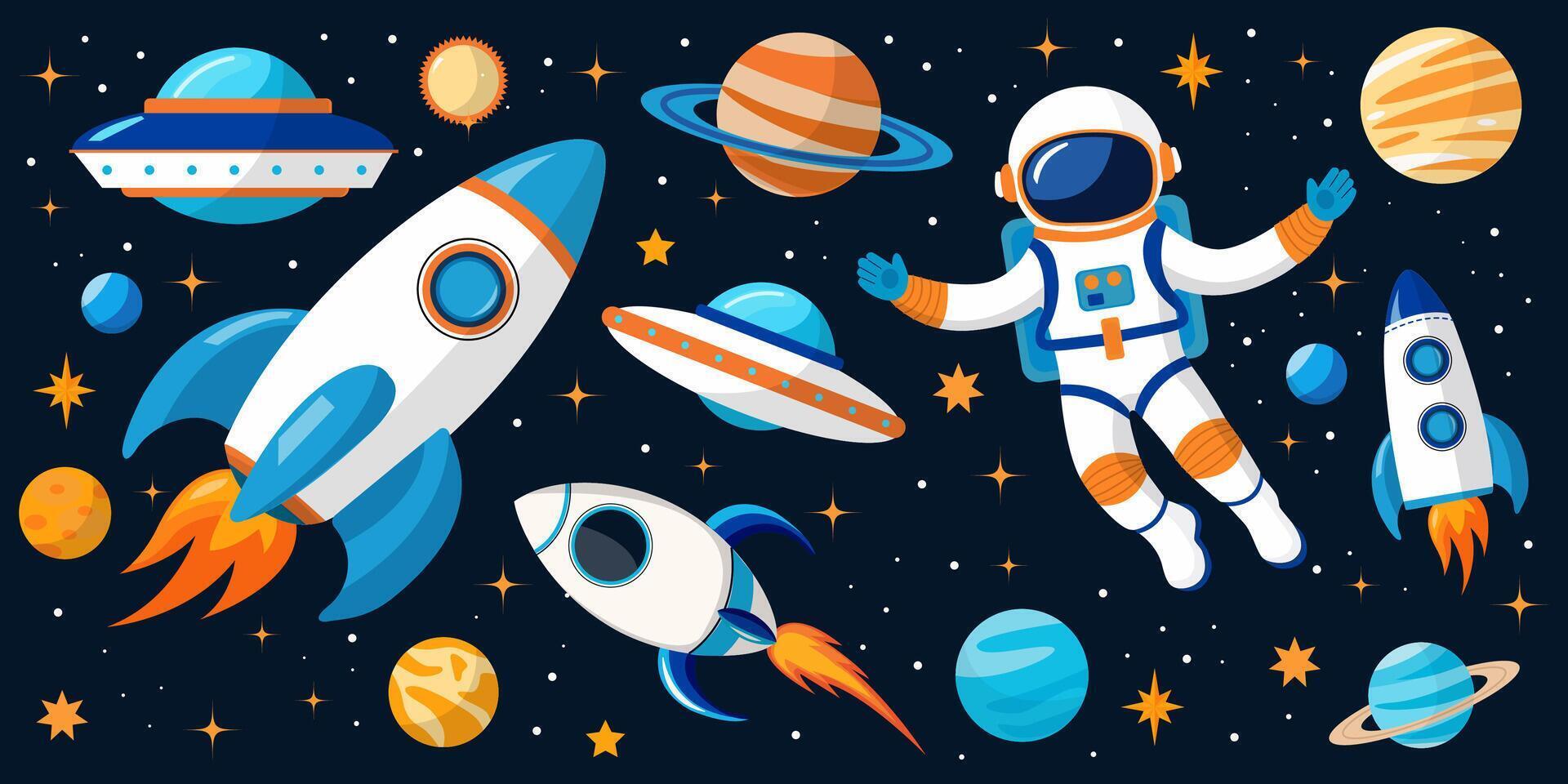 A set of space-themed elements for children with an astronaut, rockets and planets vector