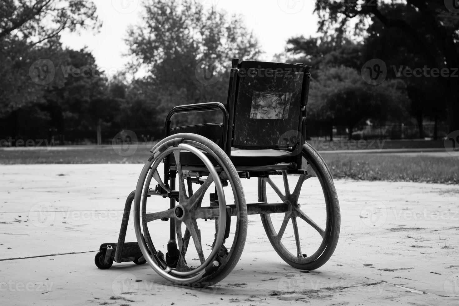 An empty wheelchair sits on a paved pathway, surrounded by trees in an outdoor setting photo