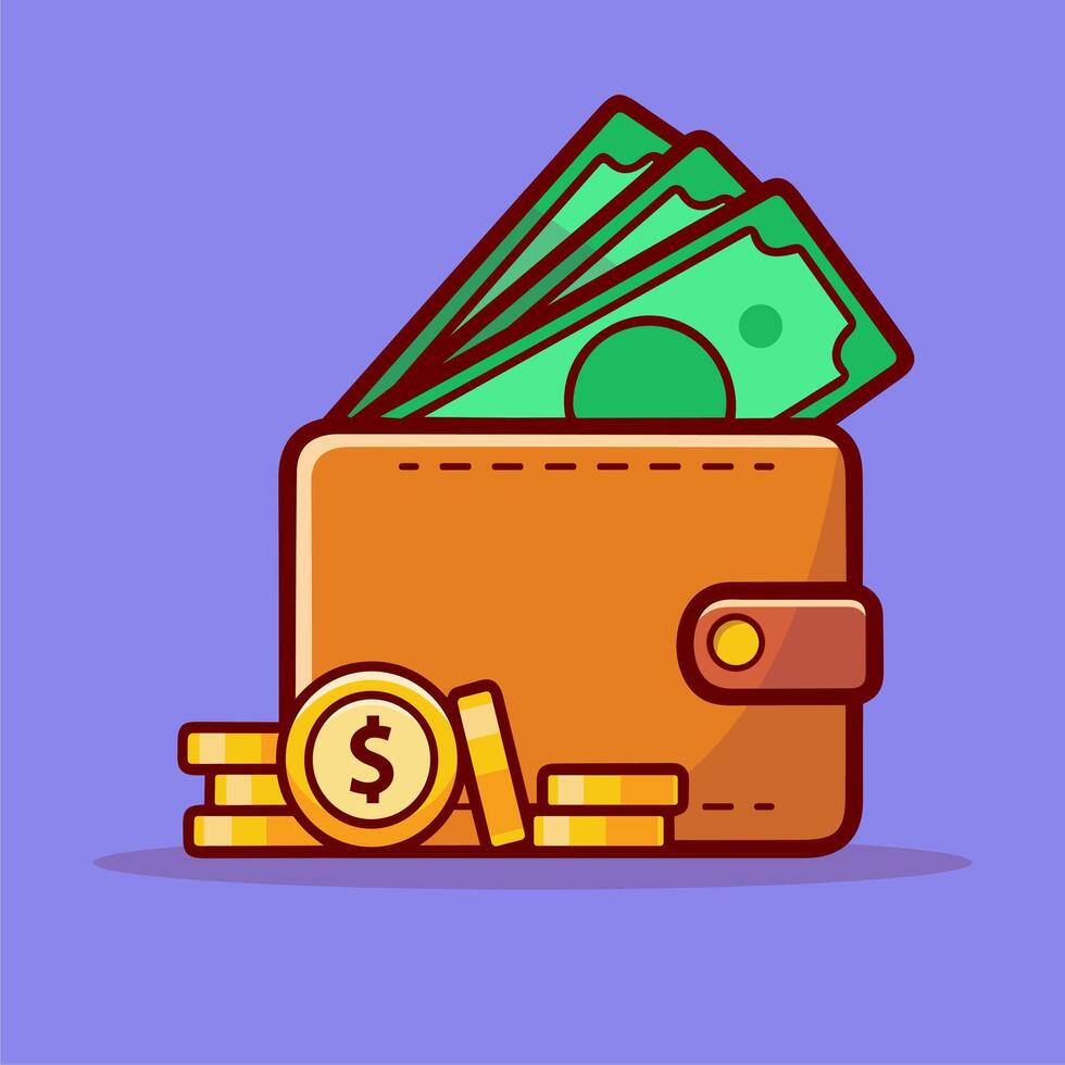 Wallet With Money And Stack Of Gold Coins Cartoon Icon Illustration. Business And Finance Icon Concept Isolated. vector