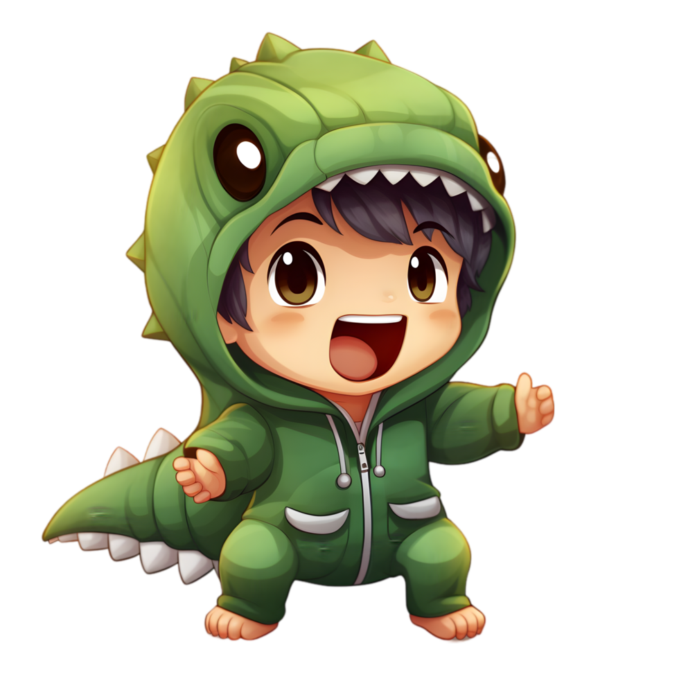 Charming chibi boy in dinosaur costume pretending to roar playful setting digital art fun concept whimsical view png