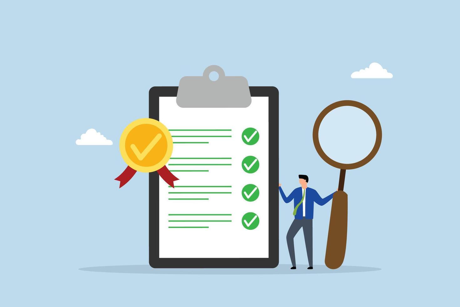Standard, businessman holds magnifying glass alongside standard QC badge document. vector