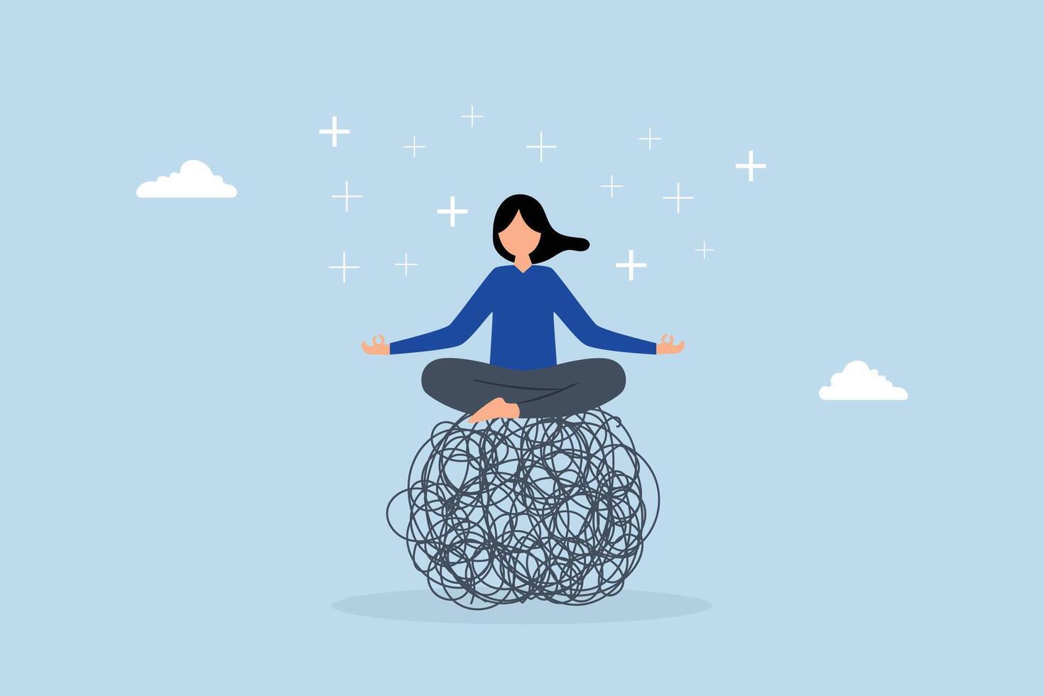 Stress management, female in lotus pose amidst chaotic lines radiating positive energy. vector