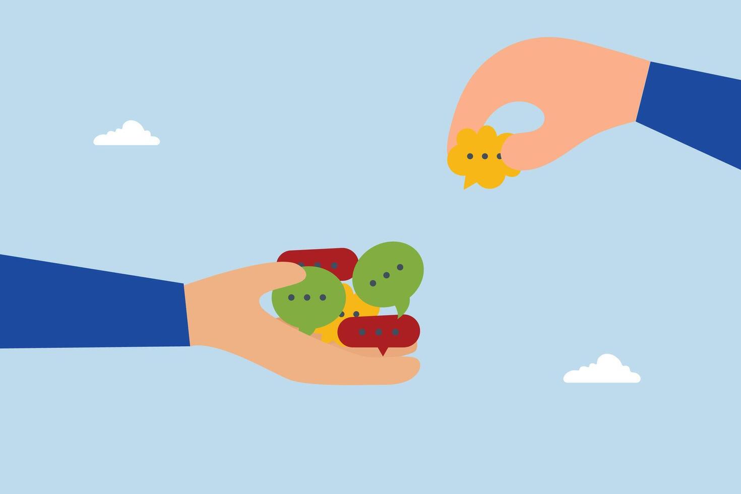 Collect feedback, businessman hand giving speech bubble feedback, opinion to manager. vector