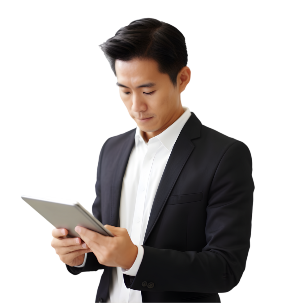 Young entrepreneur engaged with tablet modern office professional portrait urban environment focused perspective innovation drive png