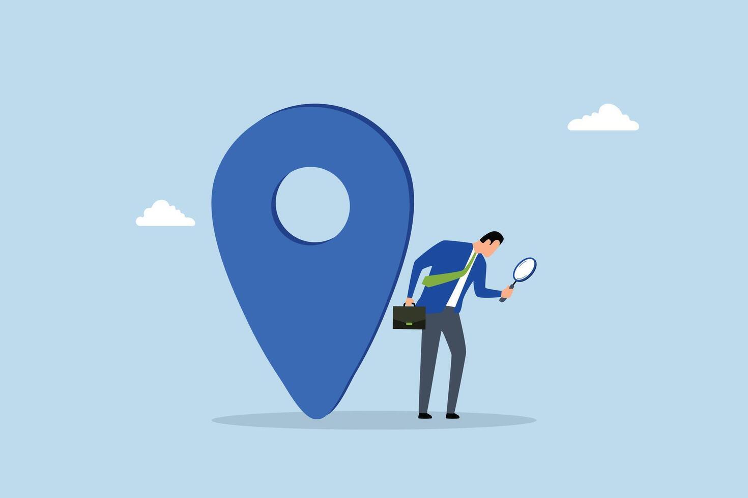 Location search for business address, curious businessman search with magnifying glass with map location pin. vector