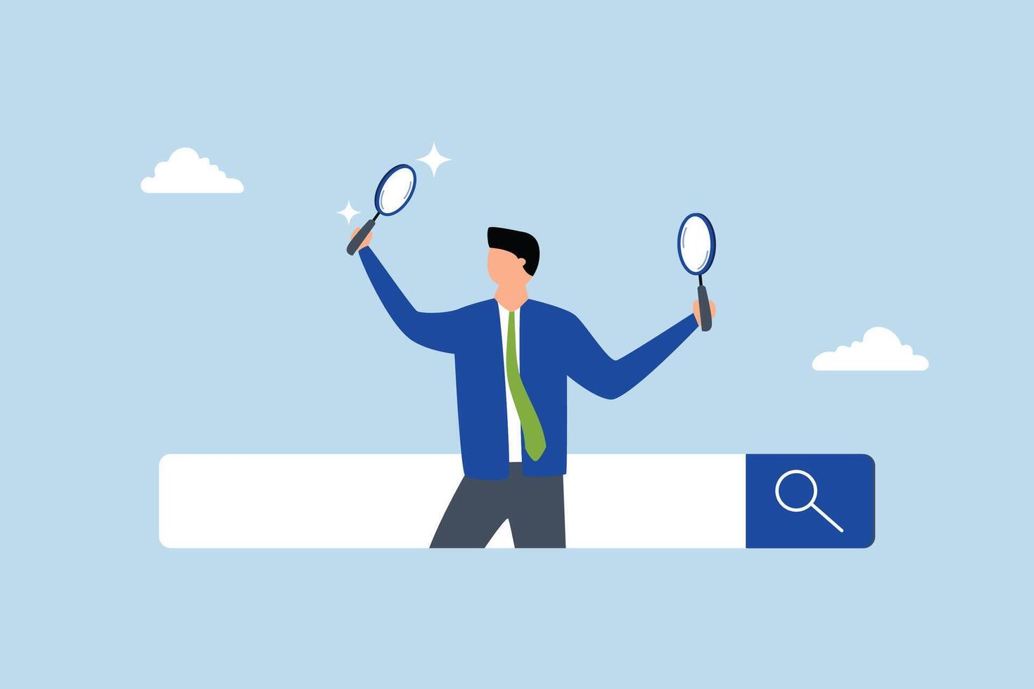 Search, entrepreneur using magnifying glass uncovers new websites from search field. vector