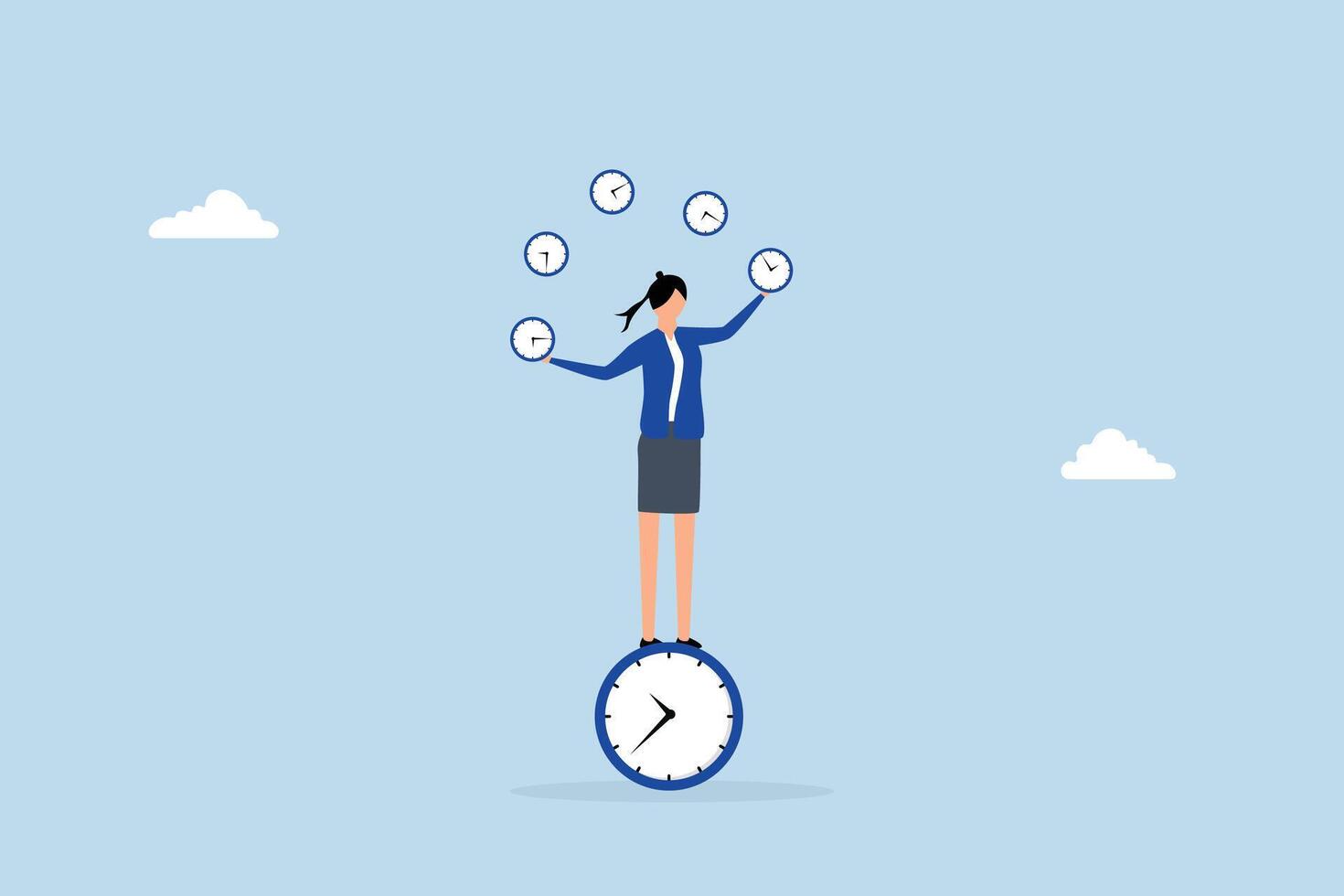 Time management for best efficiency and productivity, businesswoman balancing clocks while maintaining her own equilibrium on clock. vector
