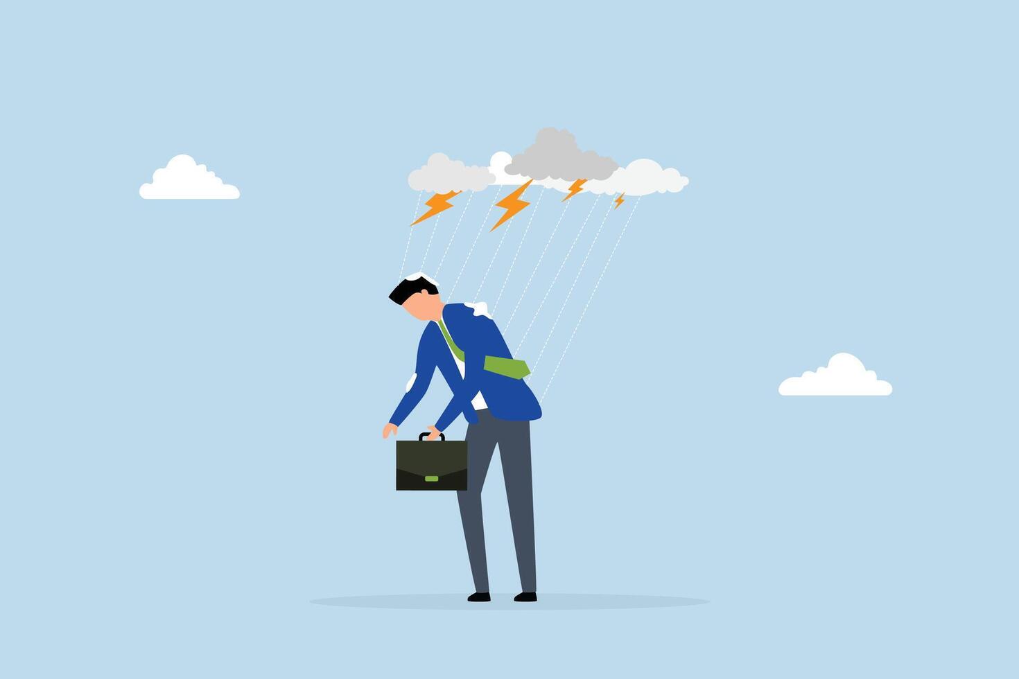 Having bad day, depressed wet businessman walking in raining thunderstorm. vector