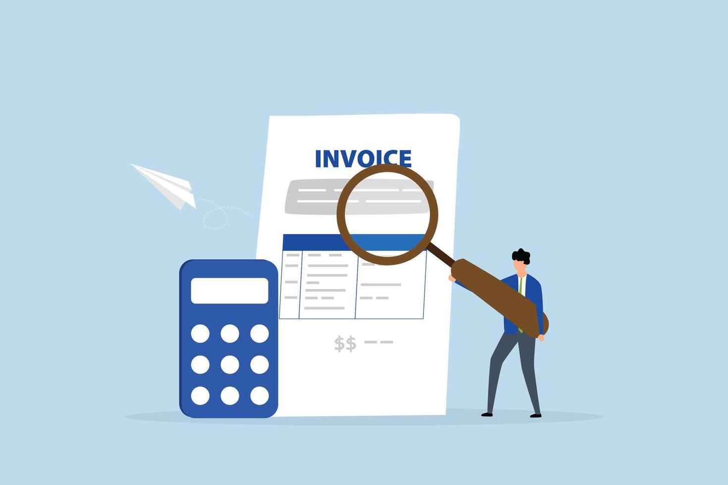 Invoice, businessman holding magnifier on invoice document vector