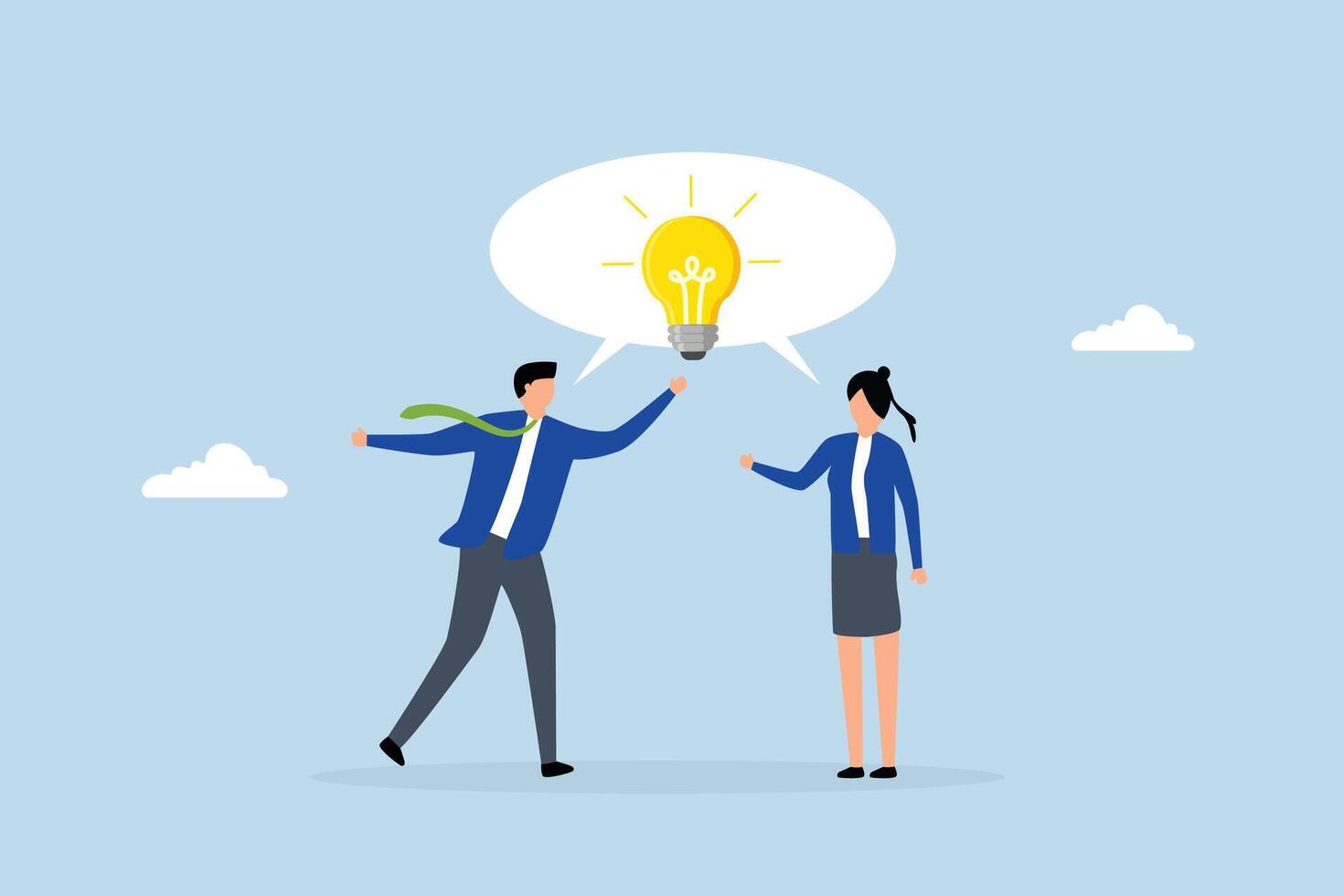 Communicate idea in business discussion, businessman and woman coworker talking speech bubble with lightbulb idea. vector