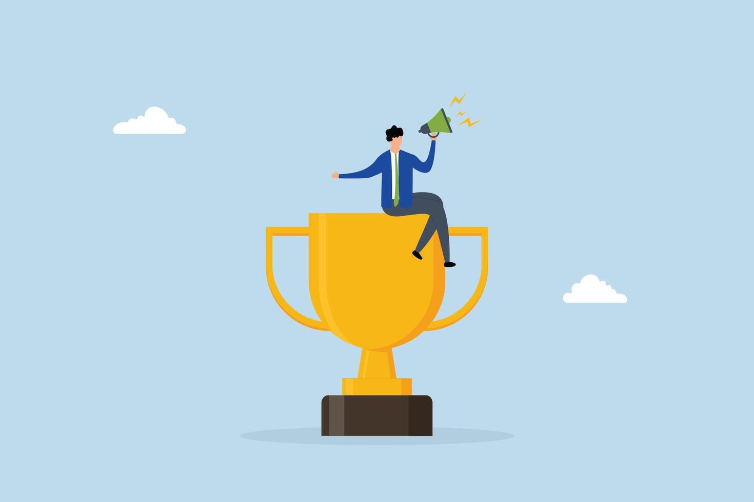 businessman telling success story with megaphone on winner trophy. vector