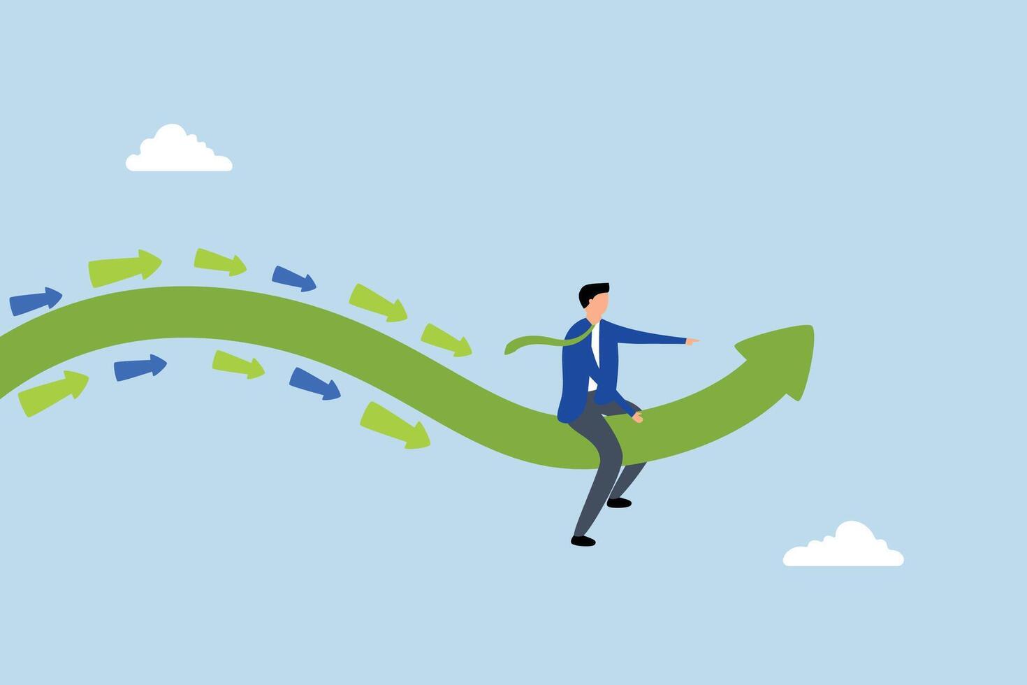 Business trend, entrepreneur riding trend arrow accompanied by small followers. vector