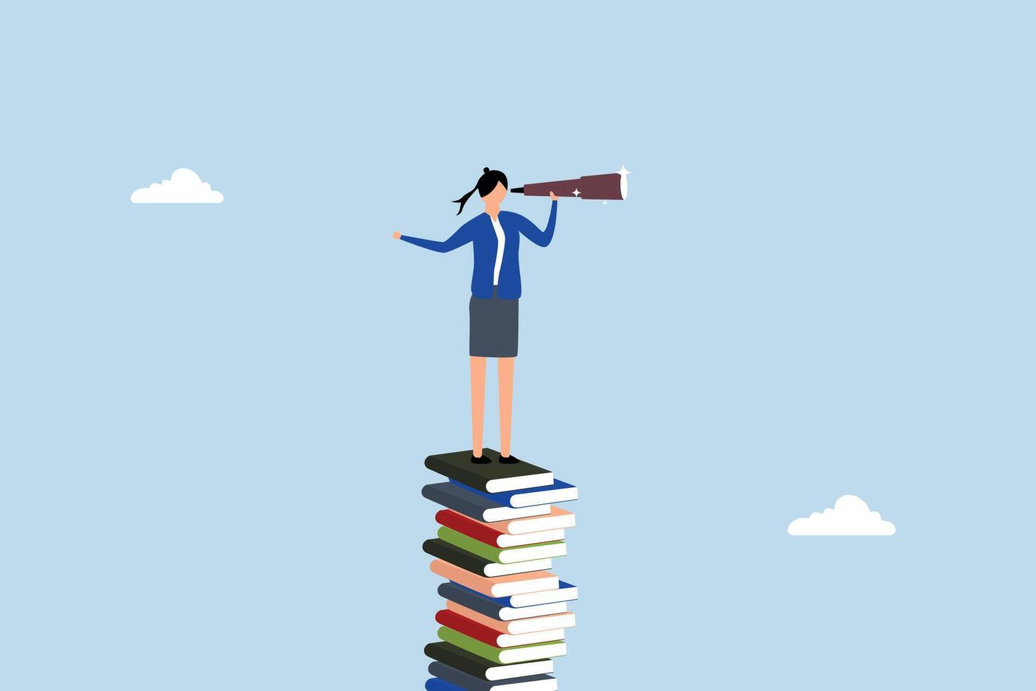Book to help career advancement, businesswoman leader peers through telescope atop tall stack of books. vector