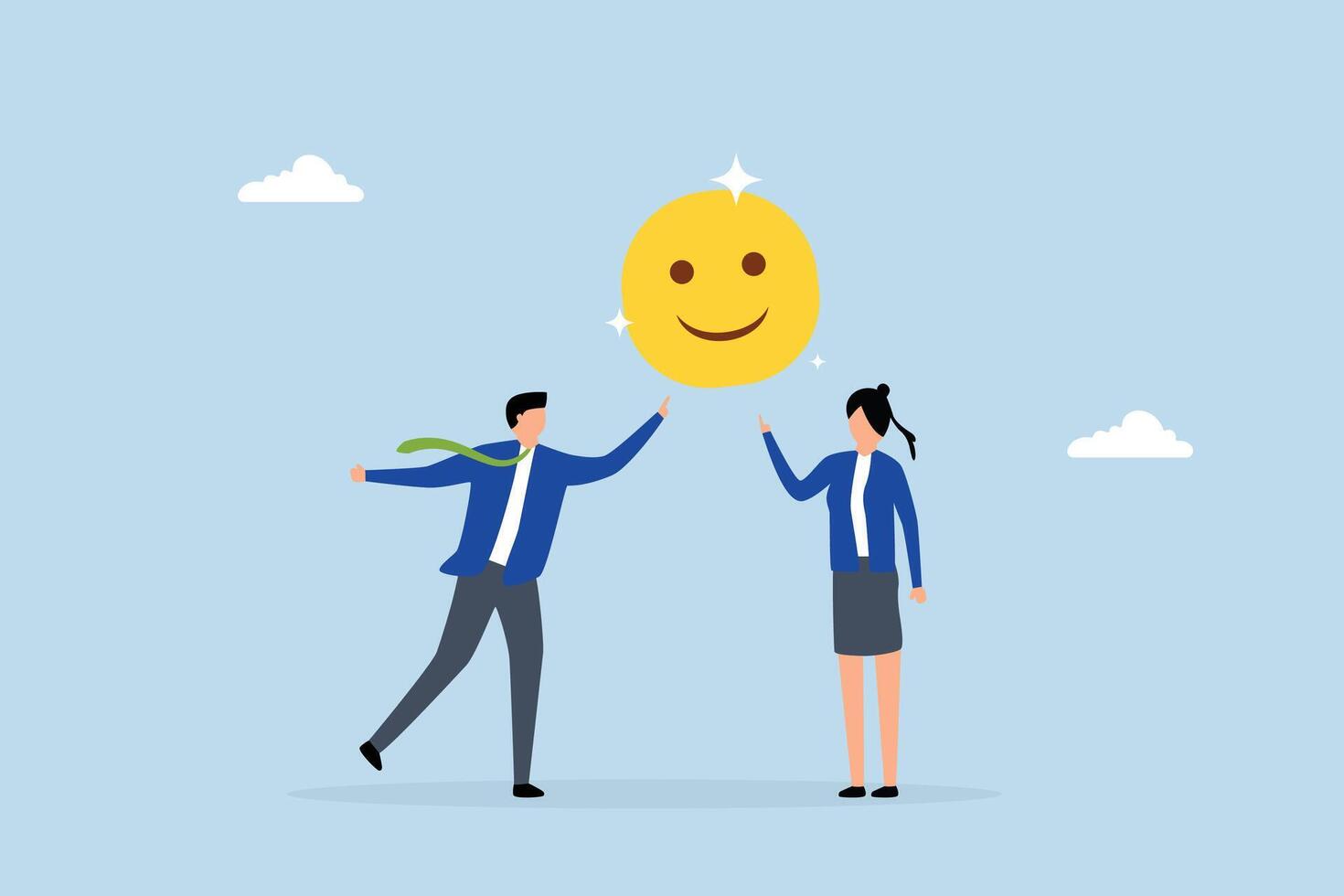 Employee happiness, cheerful male and female entrepreneur displaying smiling face icon in vibrant work environment. vector