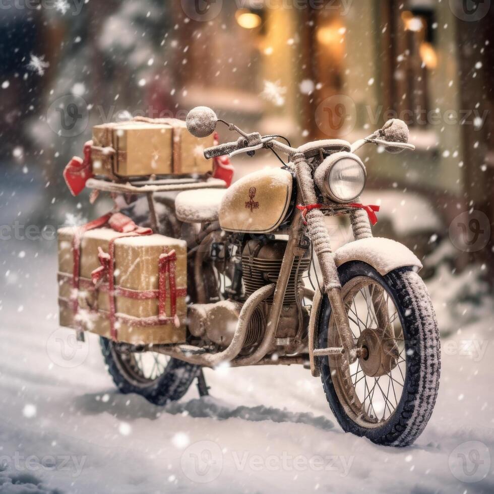 Old-fashioned motorcycle resting in the snow, carrying beautifully wrapped holiday gifts. A timeless Christmas scene full of rustic charm and seasonal magic photo