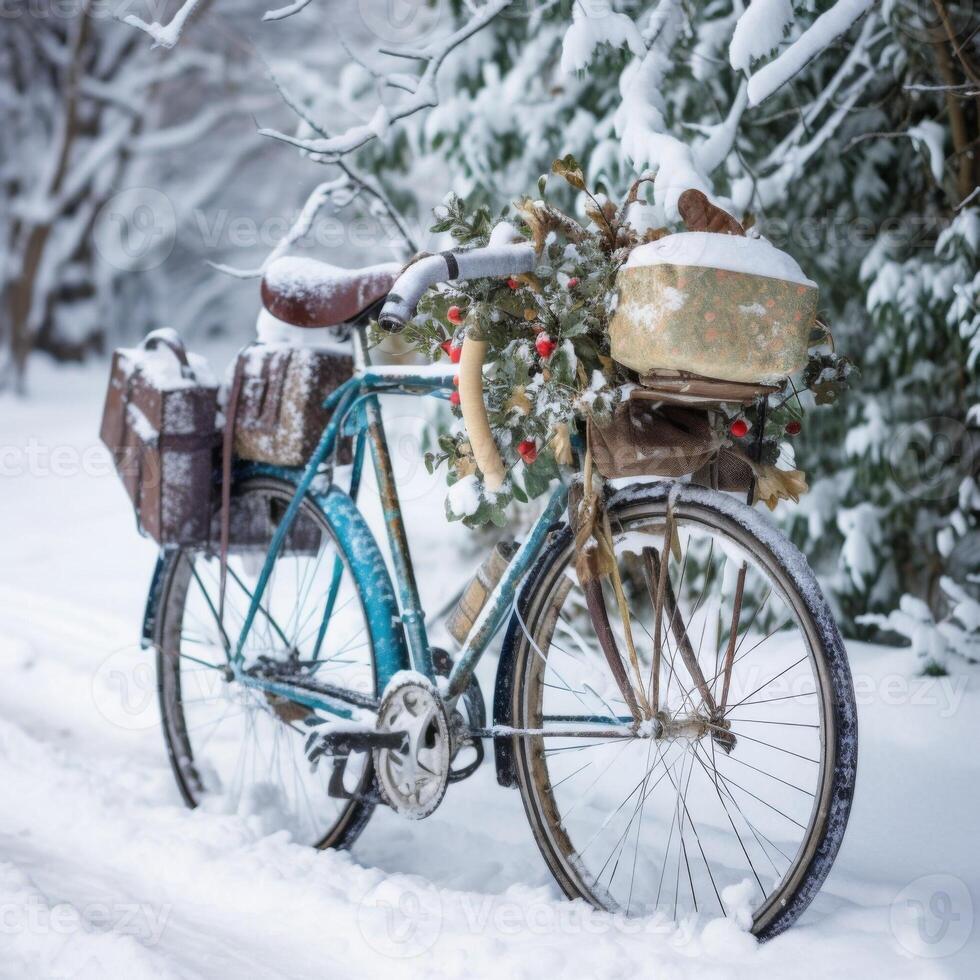 Vintage bike covered in snow, carrying festive holiday gifts. The nostalgic scene captures the spirit of Christmas with rustic charm and adventure, set against a picturesque winter backdrop photo