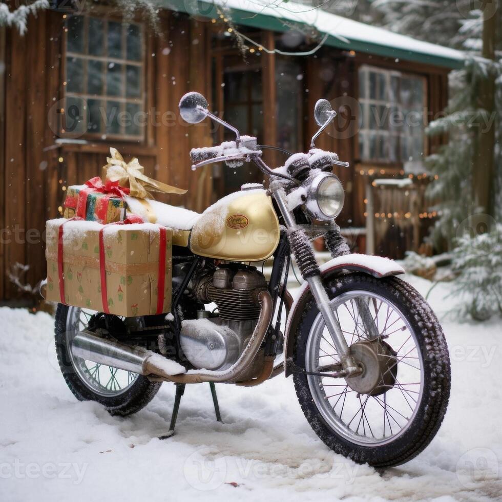 Vintage motorcycle covered in snow, carrying festive holiday gifts. The nostalgic scene captures the spirit of Christmas with rustic charm and adventure, set against a picturesque winter backdrop photo