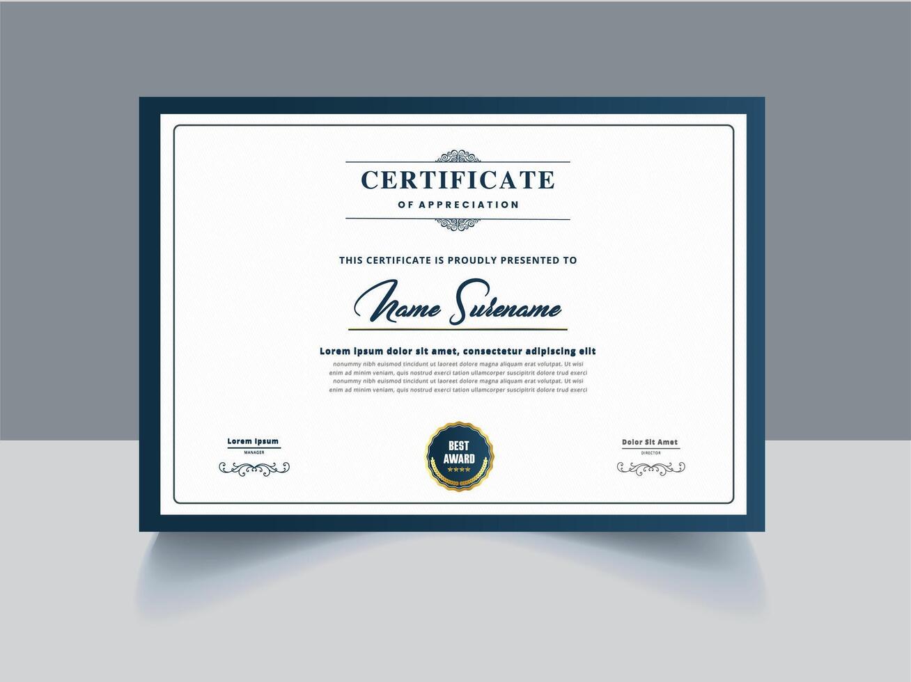 Certificate template with blue border and gold emblem vector