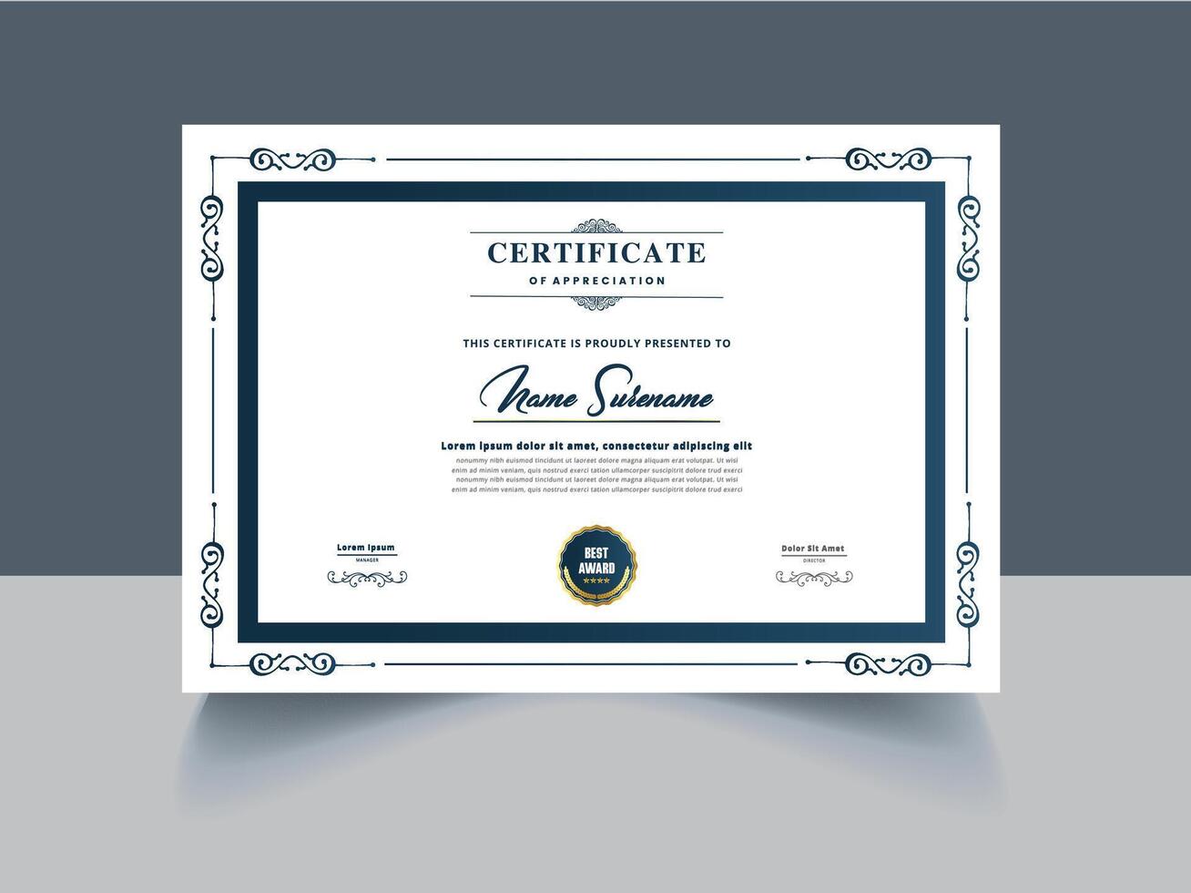 Certificate template with blue border and ornate design vector