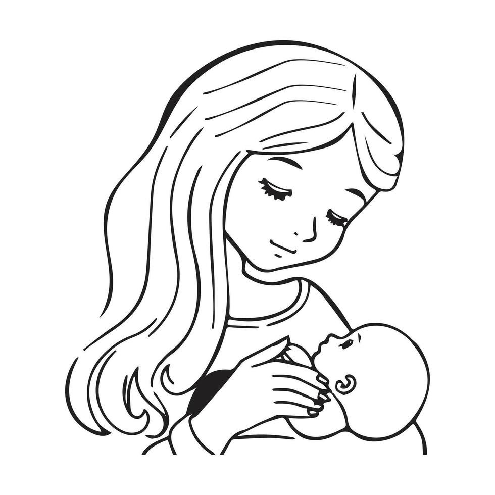 A girl is hugging her newborn brother and caressing him. Line art silhouette on white background vector
