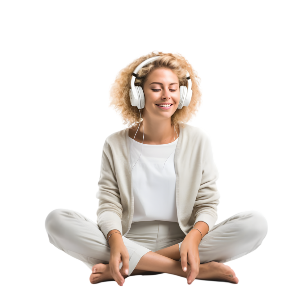 Young woman meditating in a calm indoor space listening to music relaxing atmosphere peaceful mindset png