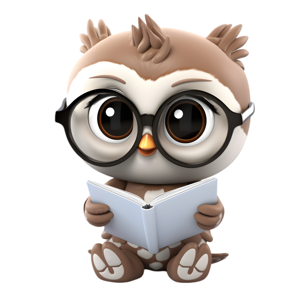 Charming chibi owl reading a tiny book cozy library digital art cute environment close-up view whimsical concept png