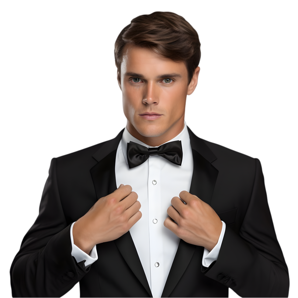 Elegant man adjusting tuxedo at formal event indoor setting portrait capturing style and grace png