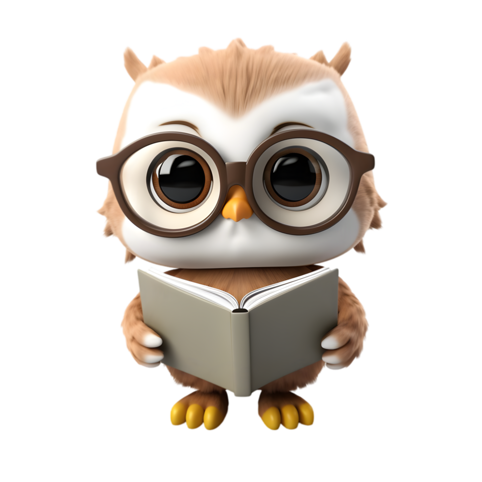 Charming chibi owl reading a tiny book cozy library digital art whimsical atmosphere close-up perspective knowledge concept png