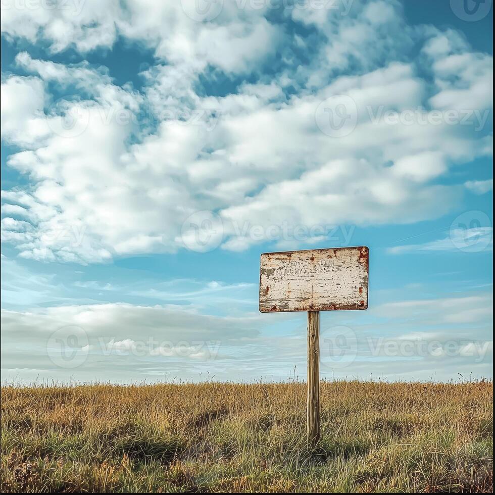Wooden signpost in a grassy field, paint barely legible, framed by soft clouds and a large empty sky above photo