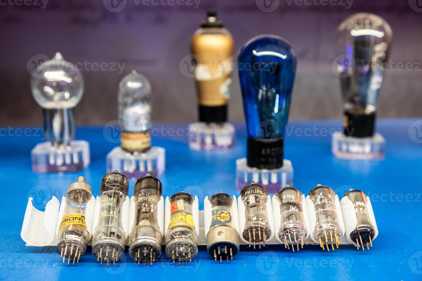 Museum of Radio and Television Series of old thermoelectronic tubes and valves. photo