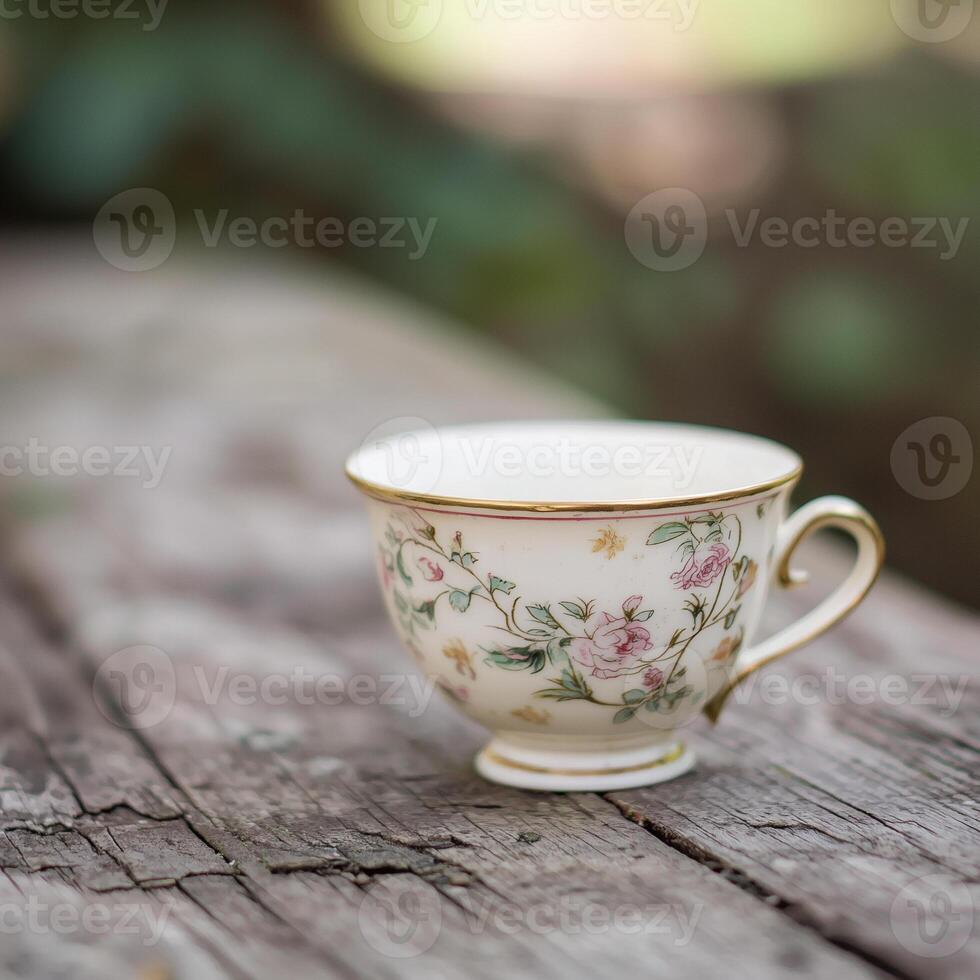 A single antique teacup resting on a weathered wooden surface, blurred natural background with copy space photo