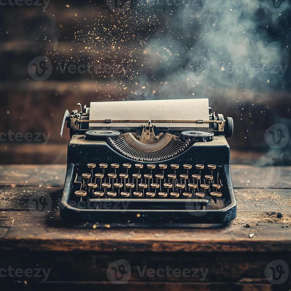 An aged typewriter sitting on a distressed wooden desk, dust motes in the air, and big text friendly space in the background photo