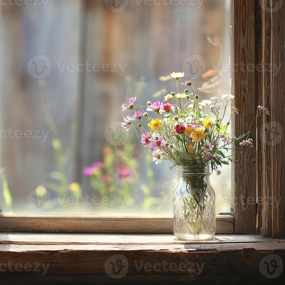A vintage mason jar with fresh wildflowers on an old wooden windowsill, soft light pouring in and neutral copy space to the side photo