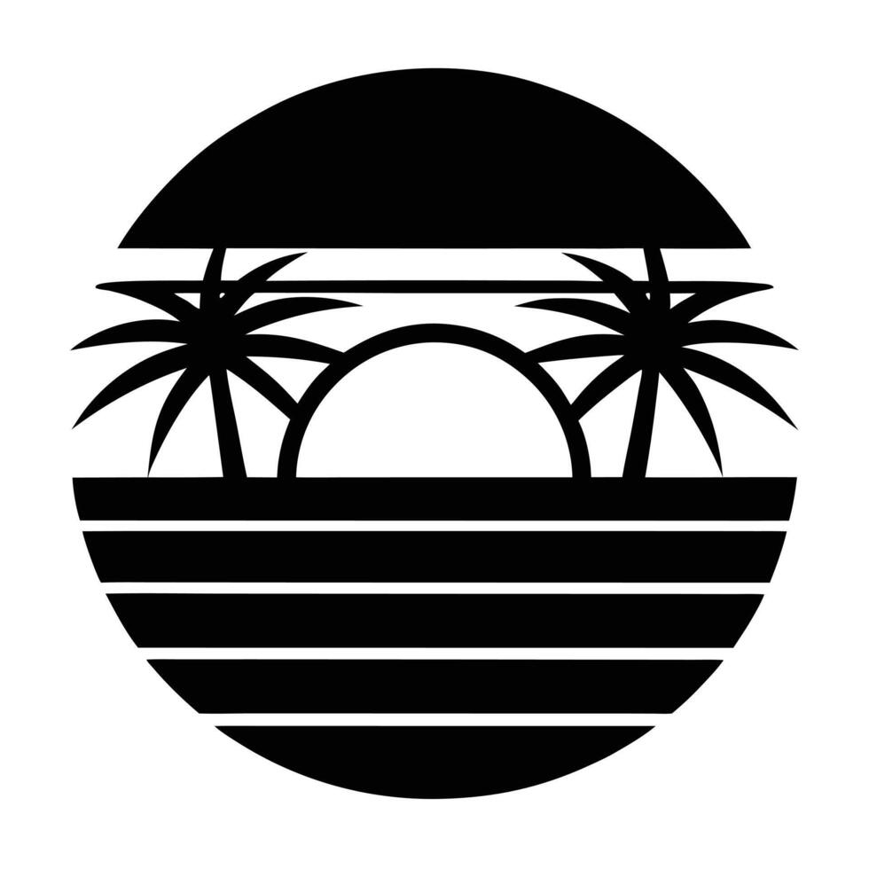 A black and white logo with palm trees and the sun vector