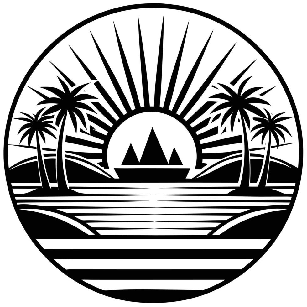 The sun rises over the water and palm trees vector
