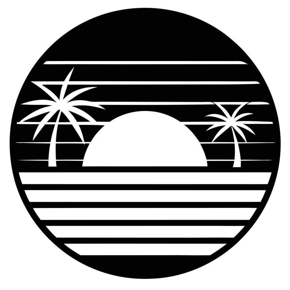 A black and white logo with palm trees and the sun vector